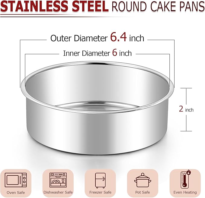 LIANYU 6 Inch Cake Baking Pans Set of 4, Stainless Steel Round Cake Bake Pan, Fit in Pot Pressure Cooker Air Fryer, Healthy & Toxic Free, Leak-proof & Dishwasher Safe
