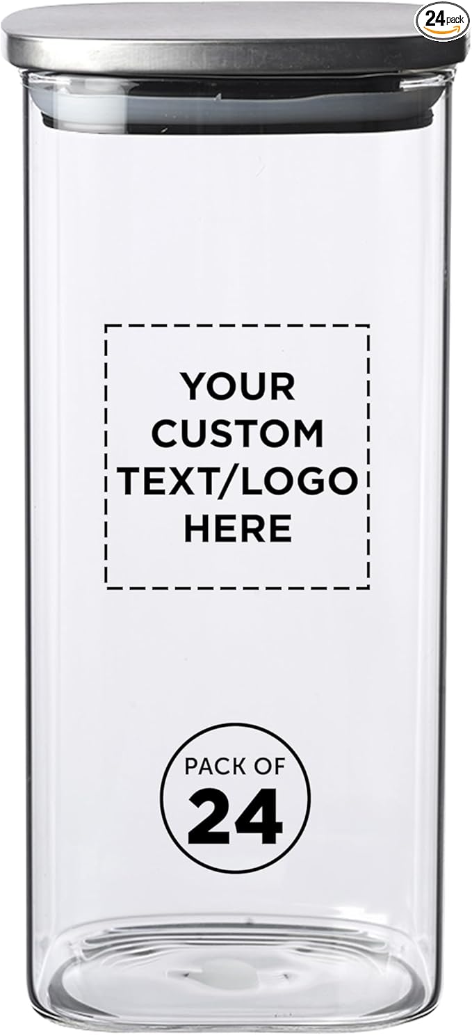 DISCOUNT PROMOS Custom Branson 53 oz. Square Storage Jars Set of 24, Personalized Bulk Pack - Durable Kitchen Organization, Home Decor Essentials, Food Storage Solutions - Clear