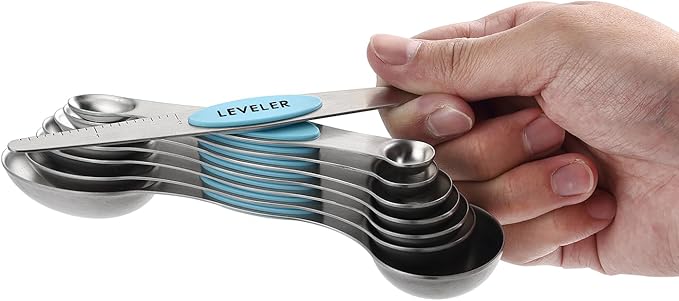 Spring Chef Stainless Steel Magnetic Measuring Spoons Set of 8 with Leveler, Nesting Metal Teaspoon & Tablespoon Measuring Spoons, Fits in Spice Jars, Kitchen Gadgets for Baking & Cooking - Aqua Sky
