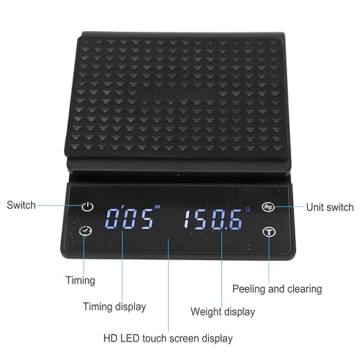 Coffee Scale with Timer, 0.1g Precision Digital Kitchen Scale with LED Touch Screen for Baking Cooking Grams Ounces Milliliters