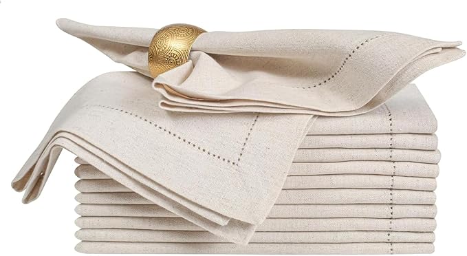 Bedding Craft Linen Flax Cotton Cloth Dinner Napkins Set of 12 – 18x18 Natural Fabric with Hemstitched Mitered Corners – Machine Washable Wedding, Cocktail & Party Table Napkins