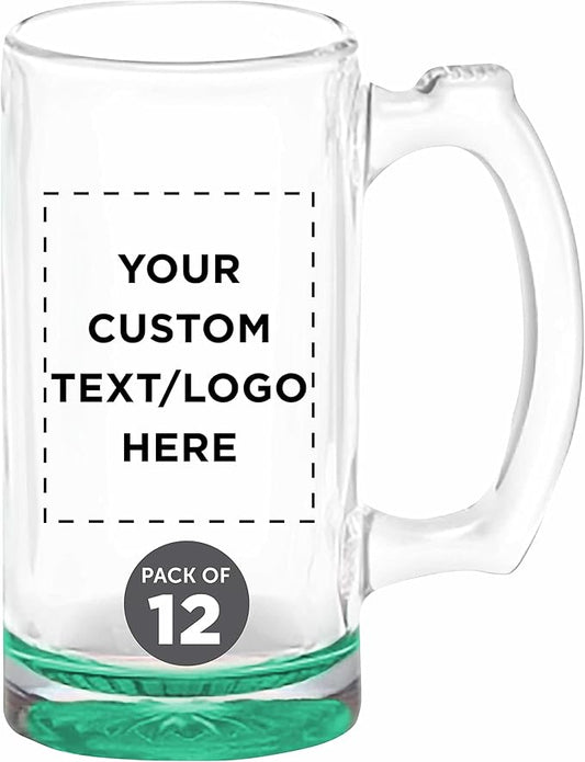 12 Libbey Beer Mugs Set, 12 oz. - Customizable Text, Logo - Groomsmen Glassware - Green