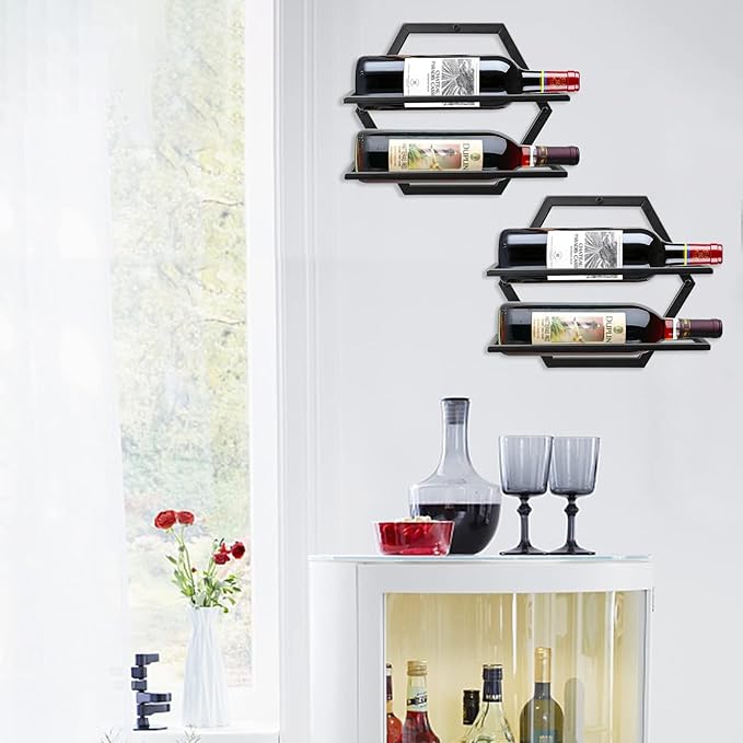 Wall Mounted Wine Bottle Rack, Black Metal Hanging Wine Display Holder Organizer, Red Wine Racks for Home Kitchen Bar Decor Storage (A)