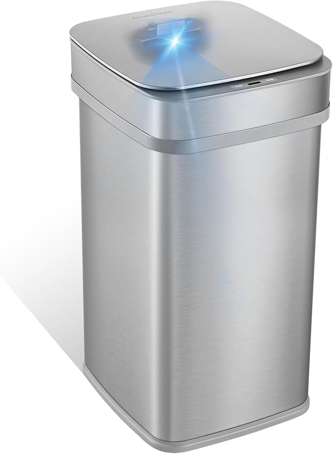 NINESTARS 13 Gallon Odor Neutralizing Smart Trash Can, UV + Ozone Dual Purification, Odor Control Motion Sensor Garbage Bin, Universal Power Adapter, ONT-50-82SL Stainless Steel, Silver, Nova Series