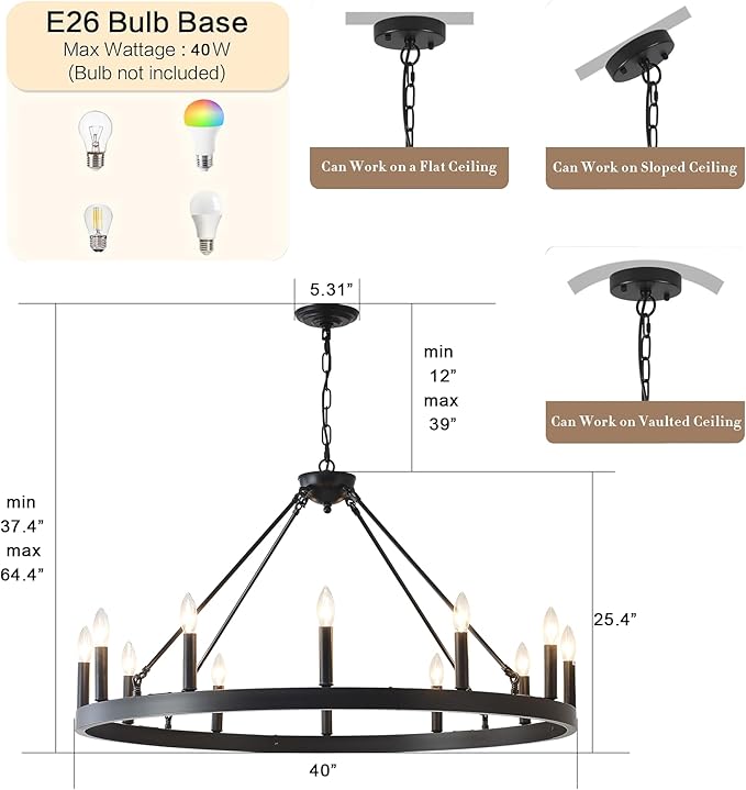 40 Inch Black Farmhouse Wagon Wheel Chandelier,12-Light Round Industrial Pendant Light fixtures for Outdoor Porch high Ceilings Living Dining Room Foyer Entryway