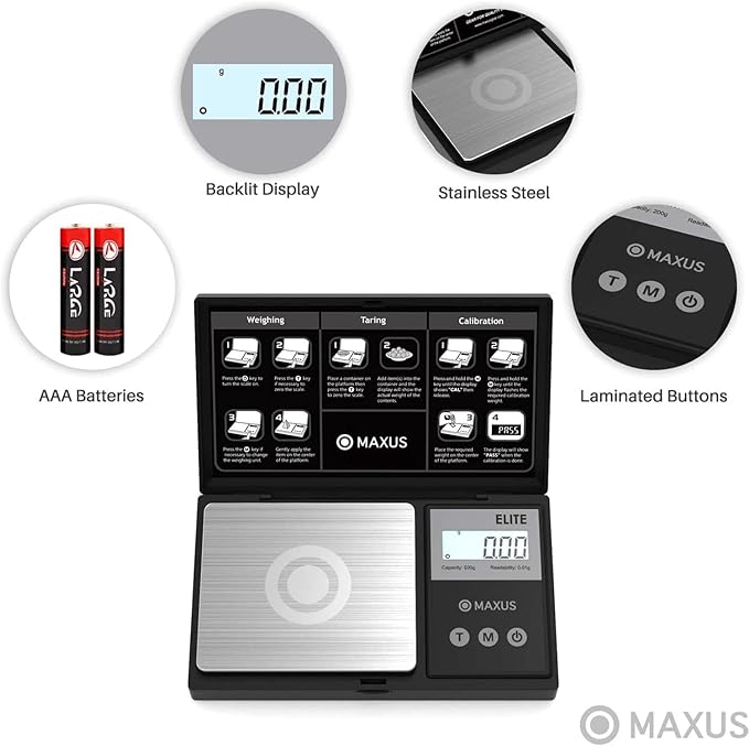 MAXUS Digital Pocket Gram Scale 500g x 0.01g High Precision with Tray, Weighs Small Food, Jewelry, Ounces, Grains, LCD Display, Tare Function