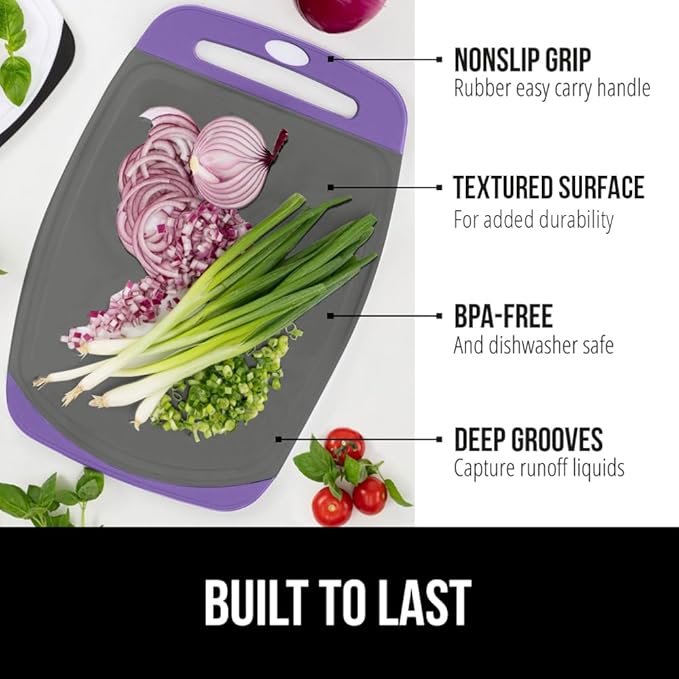 GORILLA GRIP BPA-Free Reversible Kitchen Cutting Board Set of 3, US Designed, Nonporous, Juice Grooves Catch Liquid, Slip Resistant Border, Dishwasher Safe, Durable Food Chopping Boards, Purple Gray