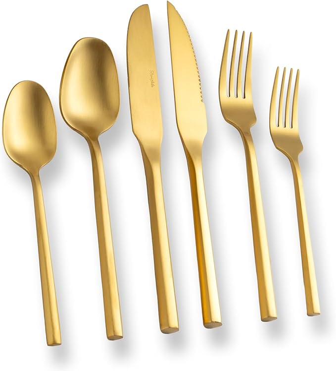 Gold Silverware Set with Steak Knives,Zerophilo Flatware Set with Hexagon Handle 24 Pieces 18/0 Stainless Steel Cutlery Set for 4,Dishwasher Safe
