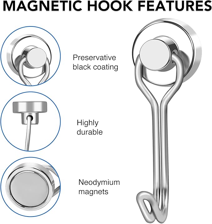 LOVIMAG Hooks, 30lbs+ Magnetic Magnet Hook 2025 Cruise Cabin Ship Essentials Heavy Duty Strong Refrigerator Fridge Hanging for Classroom Beach Vacation Kitchen Grills Home Mug Hanger (20 Pack), Silver