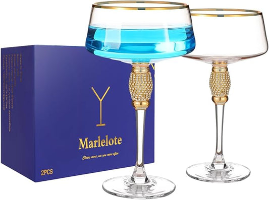 Gold Martini Glasses,Coupe Glass set of 2,Cocktail Glasses,Gold Rimmed&Rhinestones,Margarita Glass,Champagne Tower,Scocktail,Art Deco Glassware,Home Parties,9OZ.
