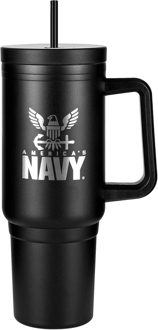 Navy 40oz Insulated Tumbler with Handle, Lid & Straw - USN Gifts - Use for Water, Tea, Coffee -Disabled Vet Owned Small Business-Navy 40oz Tumbler