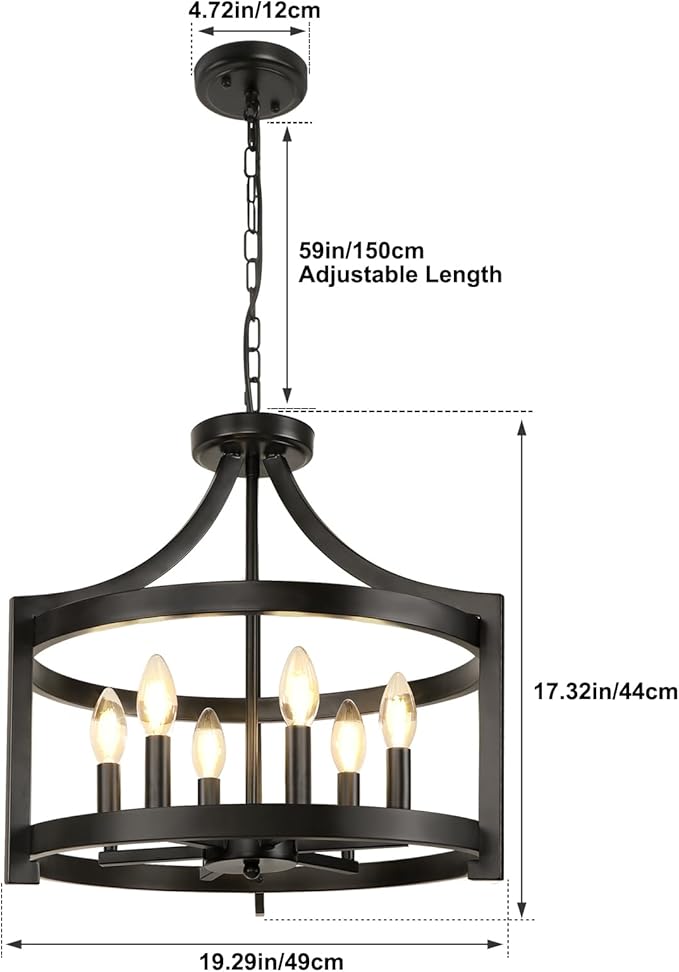 6-Light Black Chandelier, Modern Hanging Pendant Lighting, Convertible Semi Flush Mount Ceiling Light Fixture Rustic Vintage Farmhouse Chandeliers for Dining Room Kitchen Foyer Entryway