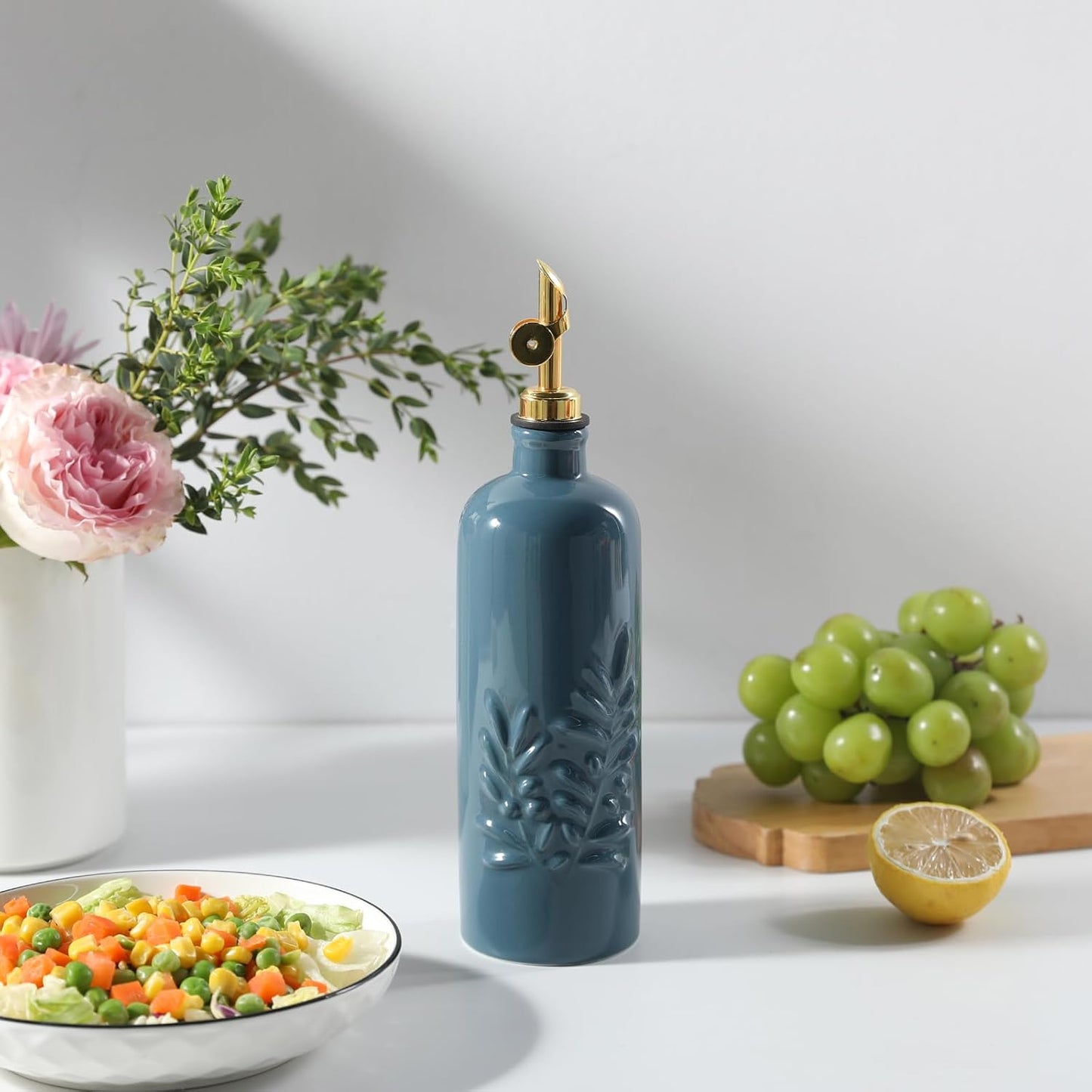 Sweejar 18 Oz Oil Dispenser for Kitchen with Gravity Spout, Ceramic Olive Oil Dispenser Bottle, Relief Opaque Vinegar Container for Evoo, Vinegar, Soy Sauce, Pack of 1(Fogbule, Gold Spout)