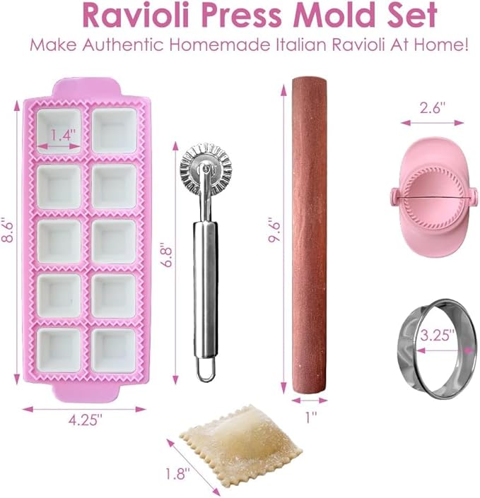 Ravioli Maker Press, Ravioli Press Mold Set, 1.4" Squares Ravioli Stamp Maker Cutter with Wood Rolling Pin, 2.6" Empanada Maker Press Kit with Dough Cutter and Ravioli Wheel, Makes 10 Ravioli