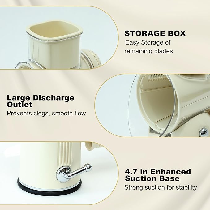 5 in 1 Cheese Grater with Rotary Hand Crank - Vegetable Chopper with Replaceable Stainless Blades, Strong Suction Base, Handle, Blade Storage Box, Easy-Clean Multipurpose Kitchen Slicer (White)