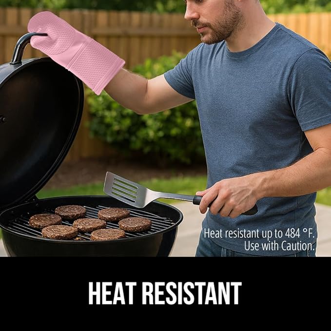 GORILLA GRIP BPA-Free Soft Silicone Oven Mitts, 14.5x8.3, Heat Resistant and Waterproof Cooking Gloves, Thick Cotton Lining, Flexible Gripping for Baking Grilling, Kitchen Potholders Set of 2, Pink