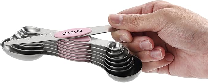 Spring Chef Stainless Steel Magnetic Measuring Spoons Set of 8 with Leveler, Dual Sided Teaspoon & Tablespoon Measuring Spoons with Strong Magnets, Kitchen Gadgets for Baking & Cooking - Pink Lemonade