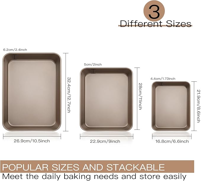 Baking Sheet Pans Brownie Pans,3 Pack Baking Pan Nonstick Cookie Sheet Brownie Cake Pan, Deep Dish, Easy Clean, Rust-Resistant,Cookie & Brownie Pan (11 x 9 x 2",12.7 x 10.6 x 2.4", 8.6 x 6.6 x 1.7")