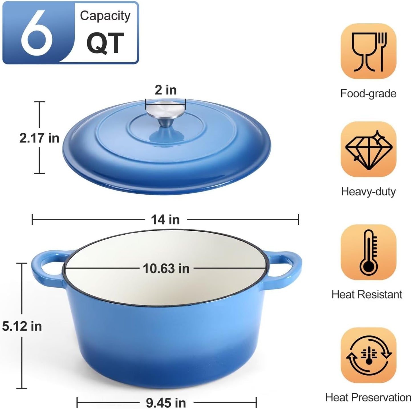 P&P CHEF 6QT Enameled Dutch Oven, Cast Iron Dutch Oven Pot with Lid for Bread Baking, Enameled Casserole Pot for Roasting Braising Stewing Frying Simmering, Various Stoves & Easy Clean, Blue
