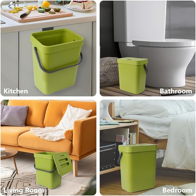 Hanging Small Trash Can with Lid Under Sink for Kitchen, 5 L/ 1.3 Gallons Plastic Waste Basket,Food Waste Bin,Kitchen Compost Bin for Counter Top,Bathroom/Office (Green)
