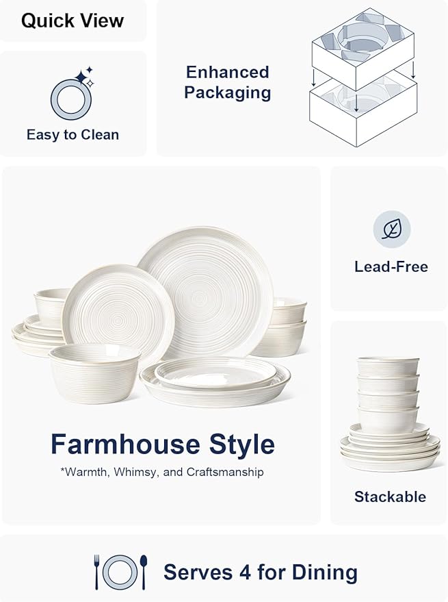 LE TAUCI Dishes Set for 4, Stoneware Plates and Bowls Set, Farmhouse Ceramic Dinnerware, Microwave & Dishwasher Safe, Stackable,12-Piece, Arctic White (10" Dinner+8" Salad Plates+6" Bowls)