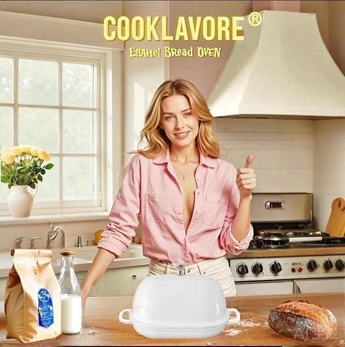 Cast Iron Bread Oven,6 QT Bread Oven,Thick Enameled Loaf Pan with Lid,Bread Pans for Homemade Bread,14.5"Dutch Oven for Bread Baking,Dutch Oven-with Silicone Baking Mat&Recipe,Gifts for Family,White