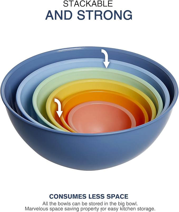 6-Piece Plastic Mixing Bowl Set with Lids for Kitchen, Nesting Storage Bowls for Baking, Prepping,Cooking and Serving Food, Dishwasher, Microwave Safe,Great for Mixing & Serving,Light blue