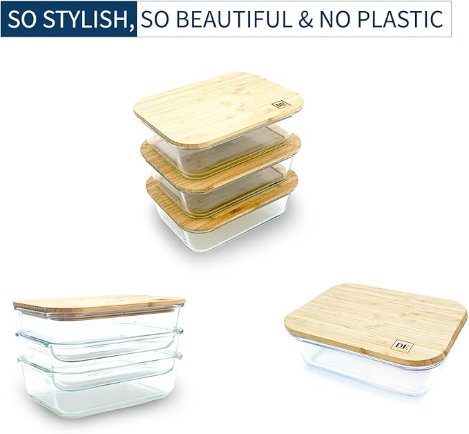 DE Plastic-Free Glass Storage Containers (3-Pack, 51oz) with Bamboo Lids – Eco-Friendly, Airtight, Reusable – Oven, Microwave & Dishwasher Safe – BPA-Free & Sustainable.