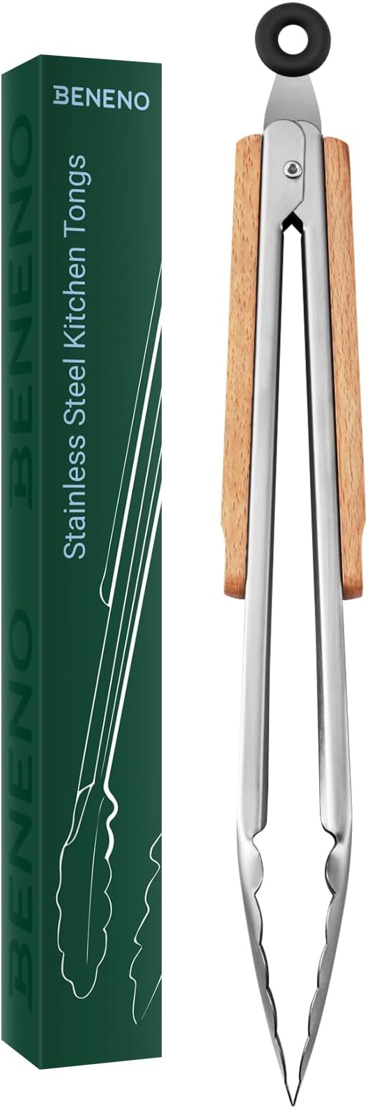 Beneno 12-Inch Stainless Steel Kitchen Tongs for Cooking with Heat-Insulating Wooden Grip Handle, Heavy Duty Heat-Resistant Metal Locking Tongs with Strong Scalloped Tips for Cooking, BBQ, Grab Food