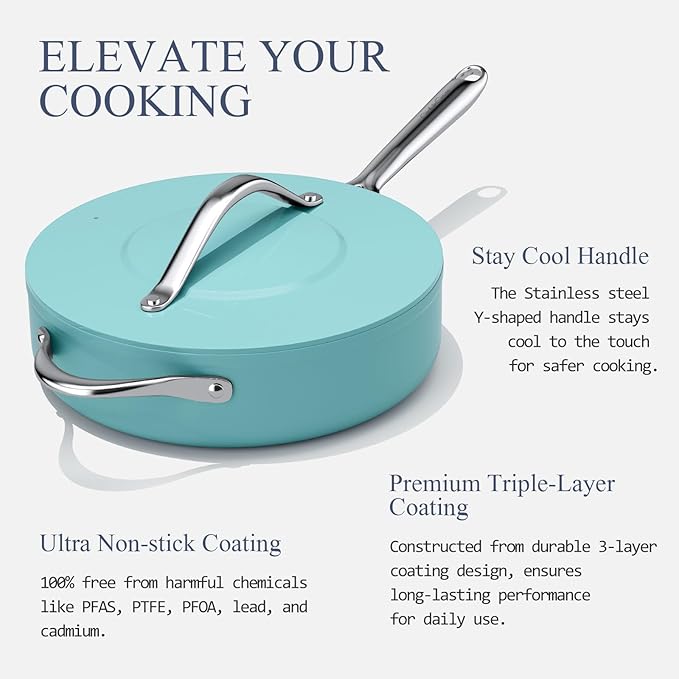 Nonstick Ceramic Sauté Pan with Lid (4.5 qt, 11") Deep Frying Pan for All Cooktops, Non Toxic Skillet PTFE/PFAS Free, Oven Safe up to 500°F w/Stainless Steel Stay-Cool Handle, Caribbean Blue