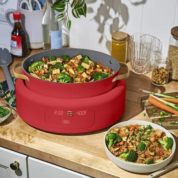 Beautiful 10-in-1 6Qt Electric Multi-Cooker with 7 Presets, Oven-Safe Pot & Lid, Sauté, Steam, Slow Cook, Slow Cooker, Simmer, Rice & More – Touch Display, Dishwasher Safe, Serves Up to 7 (Tomato Red)