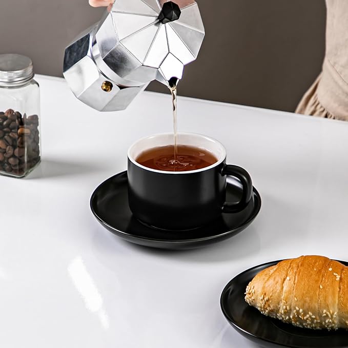 Black Tea Cups and Saucers Set of 4 Porcelain Tea Cups 6.76oz for Tea, Espresso, Latte - Porcelain Mugs for Kitchen or Cafe (black)