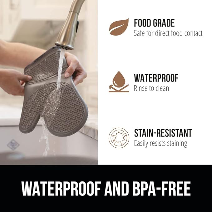 GORILLA GRIP BPA-Free Soft Silicone Oven Mitts, 14.5x8.3, Heat Resistant and Waterproof Cooking Gloves, Thick Cotton Lining, Flexible Gripping for Baking Grilling, Kitchen Potholders Set of 2, Gray