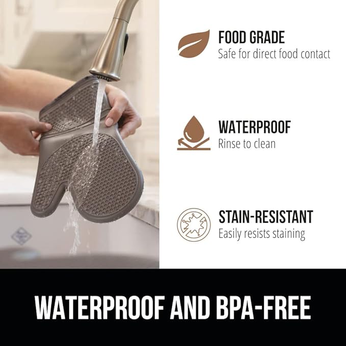 GORILLA GRIP BPA-Free Soft Silicone Oven Mitts, Heat Resistant and Waterproof Cooking Gloves, Thick Cotton Lining, Flexible Gripping for Baking Grilling, Kitchen Potholders Set of 2, 12.5x8.3, Gray