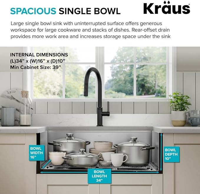 KRAUS Kore 36-Inch Modern Farmhouse Workstation 16 Gauge Single Bowl Stainless Steel Kitchen Sink with Accessories, KWF410-36
