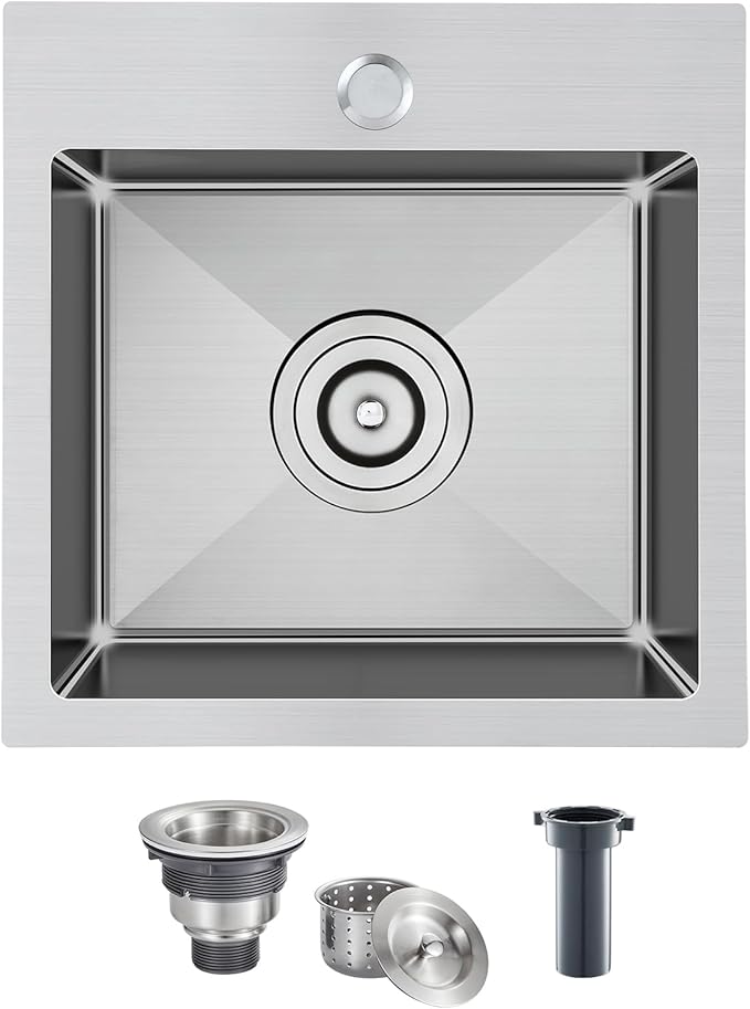 15 inch Drop in Bar Sink, Small Topmount Kitchen Sink Single Bowl, Handmade T-304 Stainless Steel Overmount Kitchen Bar Sink with Basket Strainer