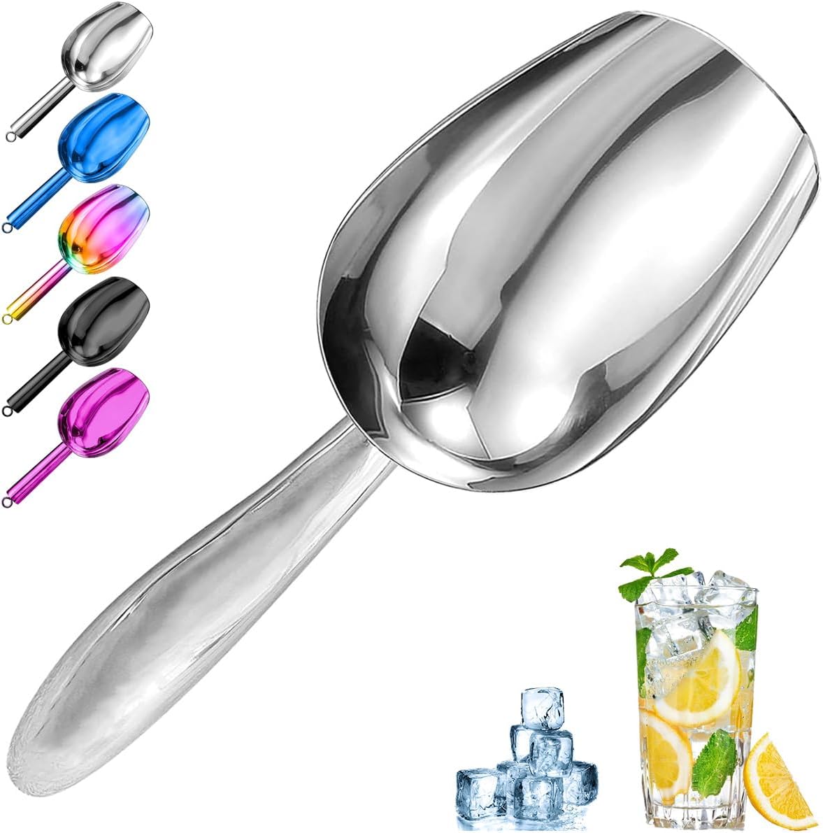 Metal Ice Scoop，Kitchen Ice Scooper for Ice Maker,Stainless Steel Small Ice Scooper for Freezer，Kitchen Gadgets Cookie Flour Pet Dog Food Scoop (Curved handle silver, 6OZ)