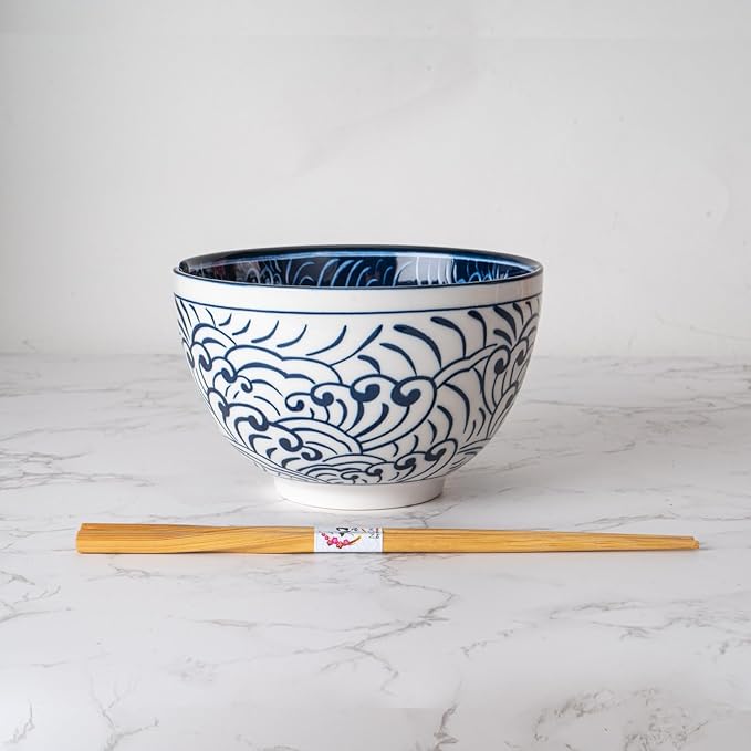 Urban Tokyo Porcelain Japanese Motif Design Ramen Udon Noodle Rice Bowl With Chopsticks 20 fl oz 6 inch Diameter Bowl Sets Color Box Packaging (Nami Waves)