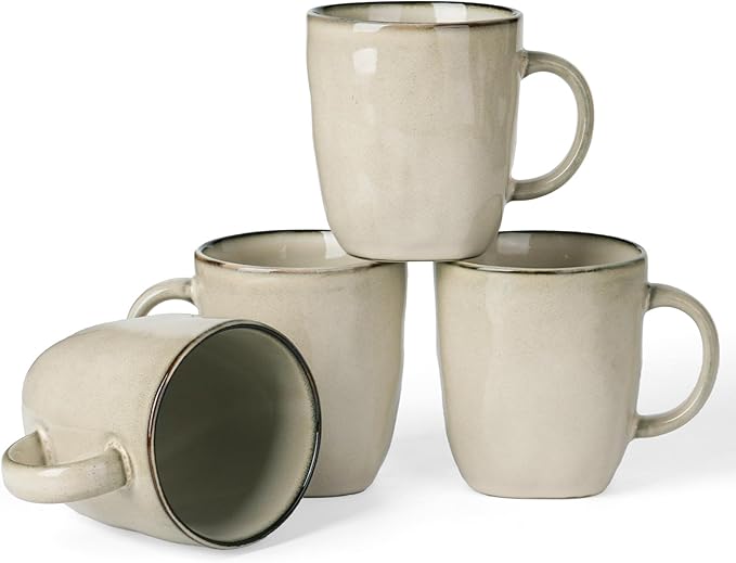 famiware Coffee Mugs Set of 4, Ocean Square 13oz Coffee Cup Set with Handle for Cocoa, Milk, Hot Chocolate, Tea, Water, Stoneware Cups for Kitchen, Microwave and Dishwasher Safe, Light khaki