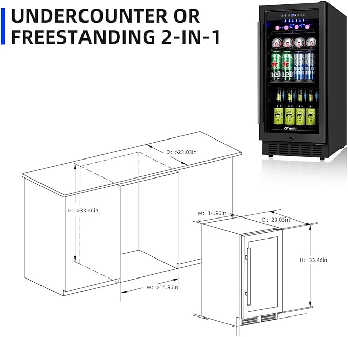 15 Inch Beverage Refrigerator, 130 Cans Drink Fridge with Glass Door & Lock, Upgraded Compressor, Low Noise, Built-in or Freestanding Cooler for Soda, Beer, Water, Black