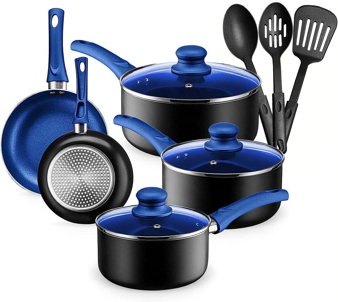 Chef's Star Pots And Pans Set Kitchen Cookware Sets Nonstick Aluminum Cooking Essentials 11 Pieces Blue