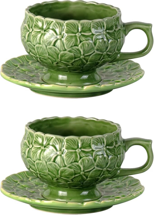 KAMMAK Tea Cups and Saucers Set of 2, Porcelain Coffee Cups, 8.5-Ounce Stackable Espresso Mugs, Ceramic Demitasse for Coffee, Latte, Americano, Tea, Green Flower