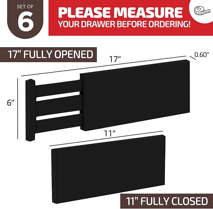 6 Pack Drawer Dividers 6 Inch High, 11”-17" Adjustable Bamboo Organizers Large Expandable Drawer Separators for Cloths, Dresser, Bedroom, Bathroom, Baby Drawer, Office & Kitchen Utensils (Black)