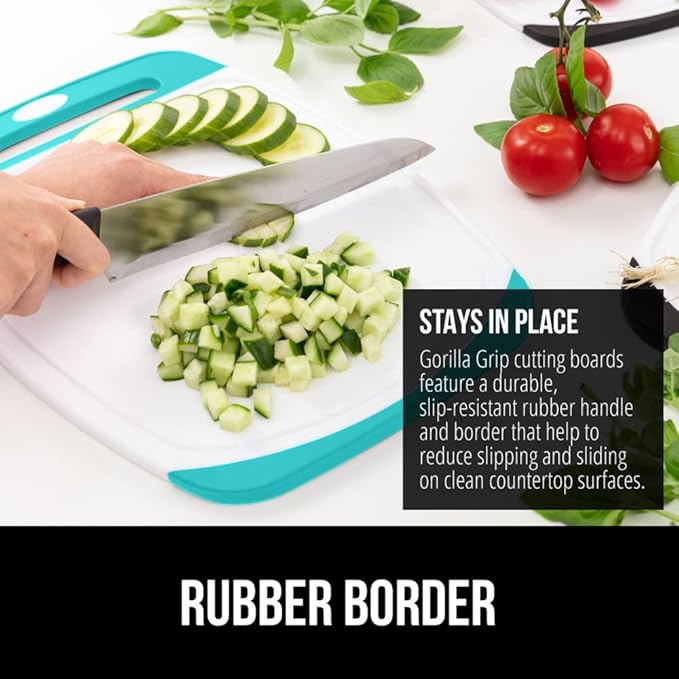 GORILLA GRIP BPA-Free Reversible Kitchen Cutting Board Set of 3, US Designed, Nonporous, Juice Grooves Catch Liquid, Slip Resistant Border, Dishwasher Safe Durable Large Food Chopping Boards Turquoise