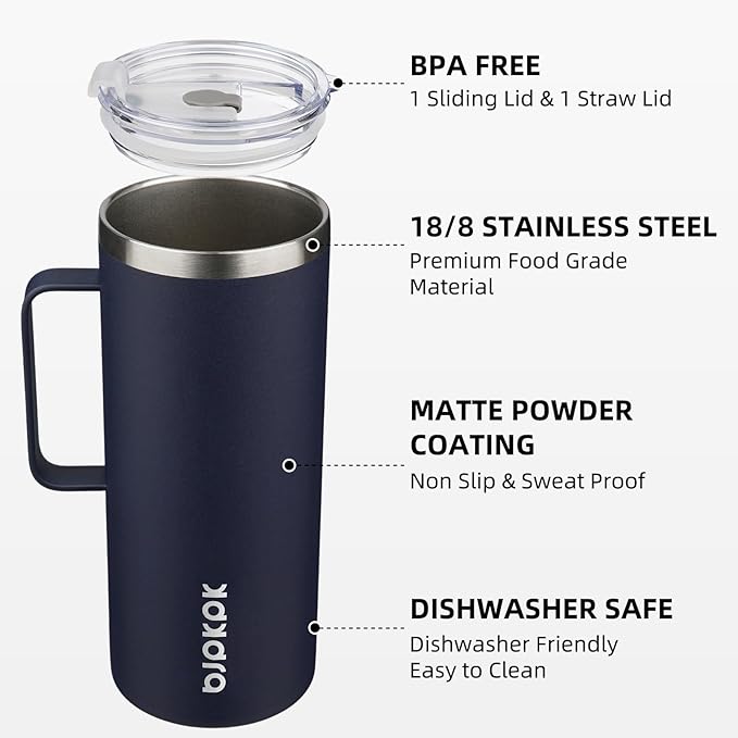 BJPKPK Insulated Coffee Mug with 2 Lids, 32oz Stainless Steel Insulated Tumbler with Handle, Double Wall Vacuum Coffee Cups, BPA Free Travel Mug for Coffee, Tea and Drinks, Navy Blue