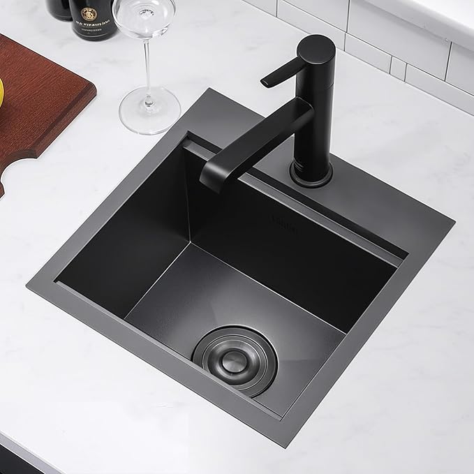 Black Bar Sink Drop In,15 x 15 Inch Gunmatel Black Single Bowl Small Kitchen Sinks,16 Gauge 304 Stainless Steel Topmount Wet Bar Sink Prep Sinks With Grid&Drain&Cutting Board