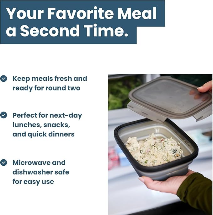 Drip EZ Secondz Collapsible Food Storage Containers – Set of 2, Space-Saving Airtight Meal Prep & Leftover Containers – Microwave, Freezer & Dishwasher Safe, BPA-Free, Locking Lids – Charcoal