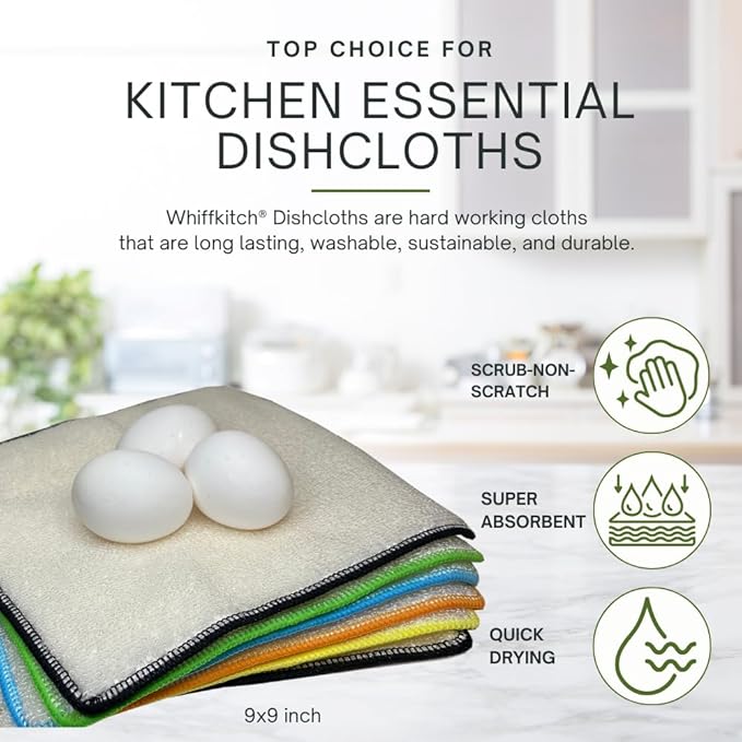 Whiffkitch Dishcloths Dishrags for Kitchen and Household Cleaning 9x9 6-Pack Non-Scratch 2-Ply Weave, Bamboo-Rayon Fabric, Absorbent, Washable, Long-Lasting