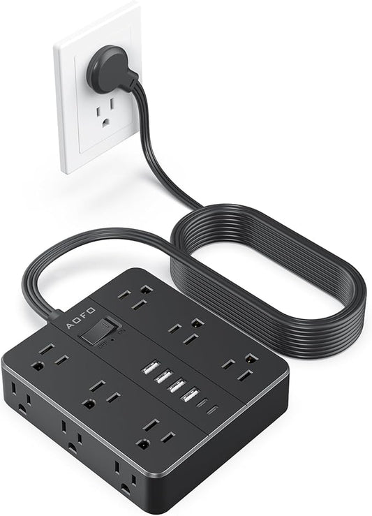 15FT Surge Protector Power Strip,12 AC Outlets with 6 USB Ports (2 USB-C), Flat Plug Extension Cord with Multiple Outlets, Wall Mount for Home Office,Dorm, Black