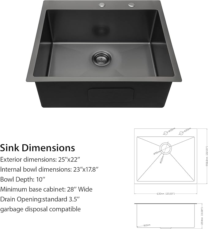 Lordear 25 Drop In Kitchen Sink 25 x 22 inch Gunmetal Black Drop Sink 16 Gauge Stainless Steel Single Bowl Topmount Over Counter Bar Prep Kitchen Sinks Basin